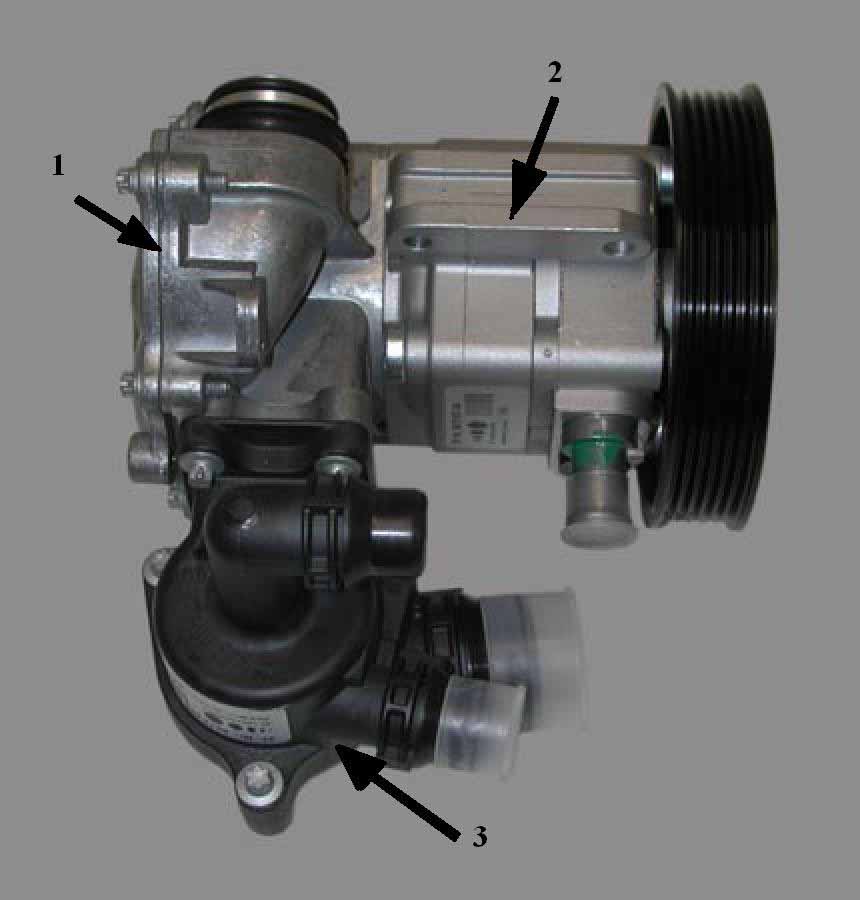 Водяная помпа (1), насос (2) гидроусилителя рулевого управления и термостат (3) двигателя N42
